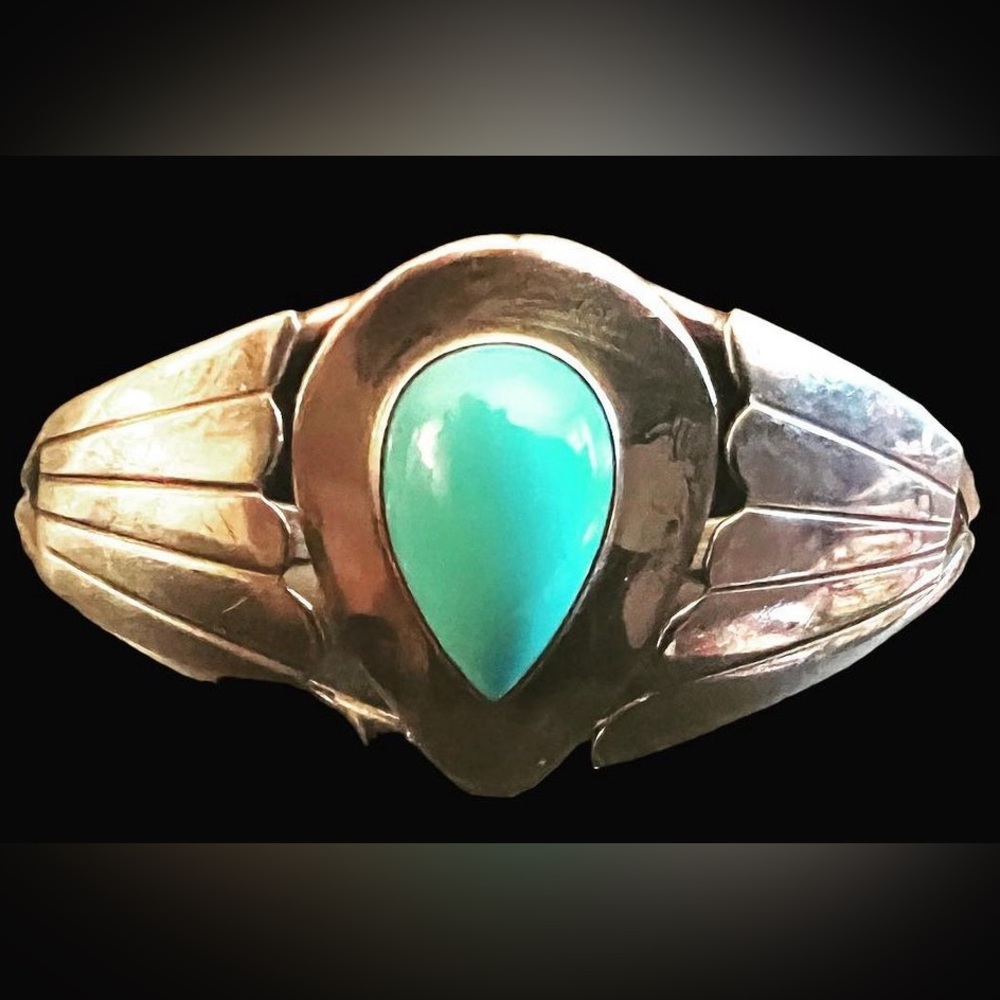 Navajo 50’s Sterling Silver C Cuff Bracelet with Teardrop Turquoise Signed M